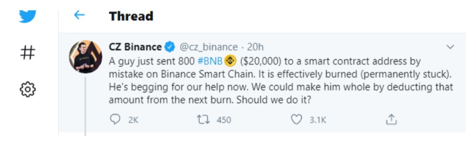 Binance CEO Seeks Community Opinion on $20,000 Lost Resulting from BNB Mistake