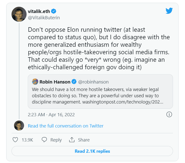 Vitalik Buterin Opposes Elon Musk