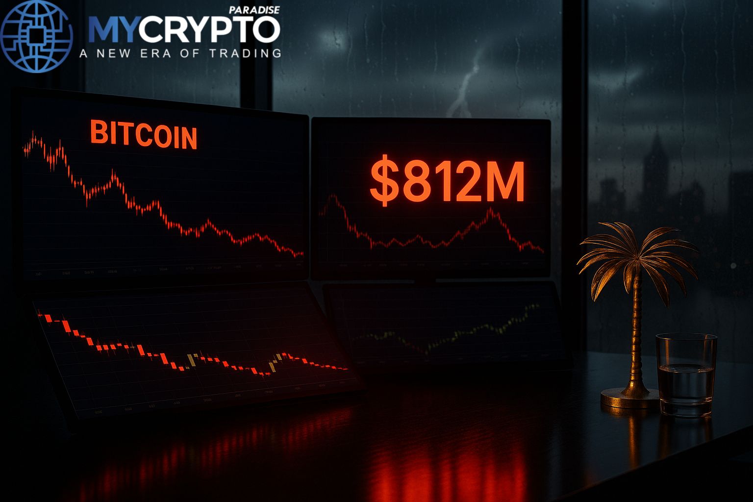 Golden palm tree sculpture and glass cup on trading desk with glowing red Bitcoin crash charts and $812M hologram, symbolizing market wipeout as BTC falls below $110K