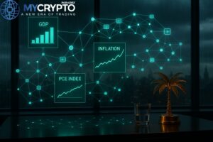 Luxury trading desk with golden palm tree sculpture and glass cup, surrounded by holographic GDP and inflation charts streaming across blockchain nodes, symbolizing US government distributing macroeconomic data on blockchain