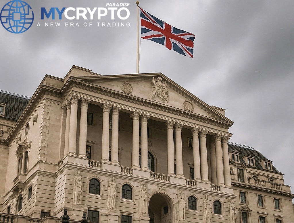 Bank of England lowers interest rates with green downward arrow symbolizing monetary easing under England’s national flag