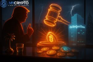 Golden palm tree sculpture and glass cup on trading desk with holographic courtroom gavel, Trump silhouette, New York Times building, and scattered memecoins, symbolizing Trump’s $15B lawsuit and crypto fallout