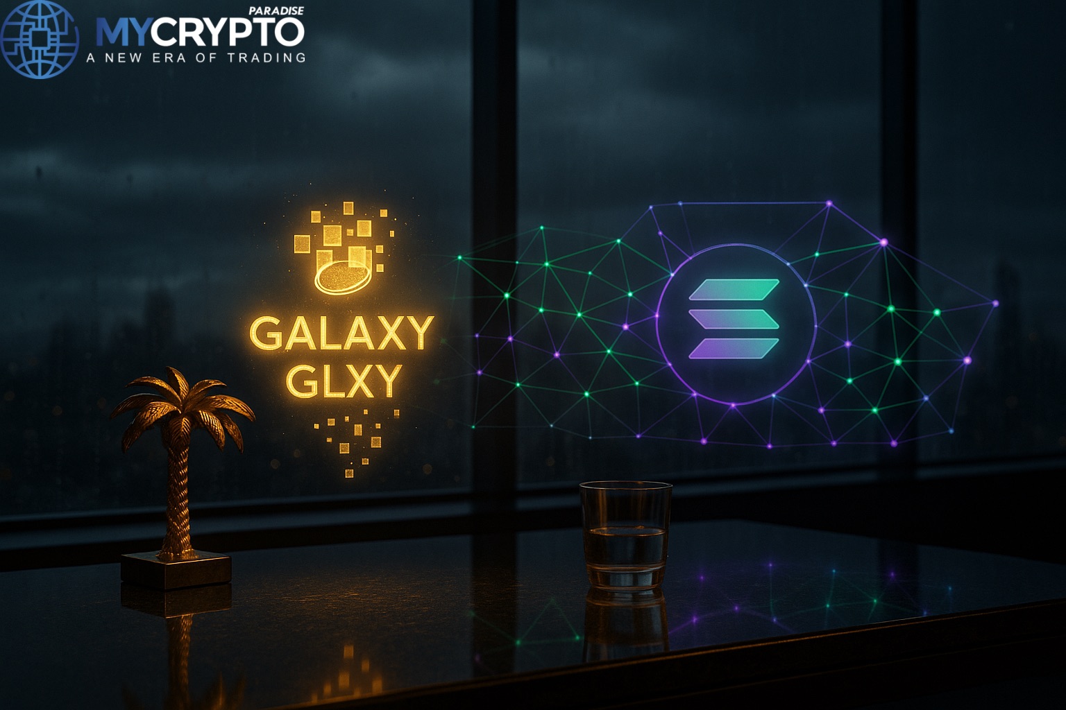 Golden palm tree sculpture and glass cup on trading desk with holographic Galaxy Digital tokenized GLXY shares dispersing across Solana blockchain grid