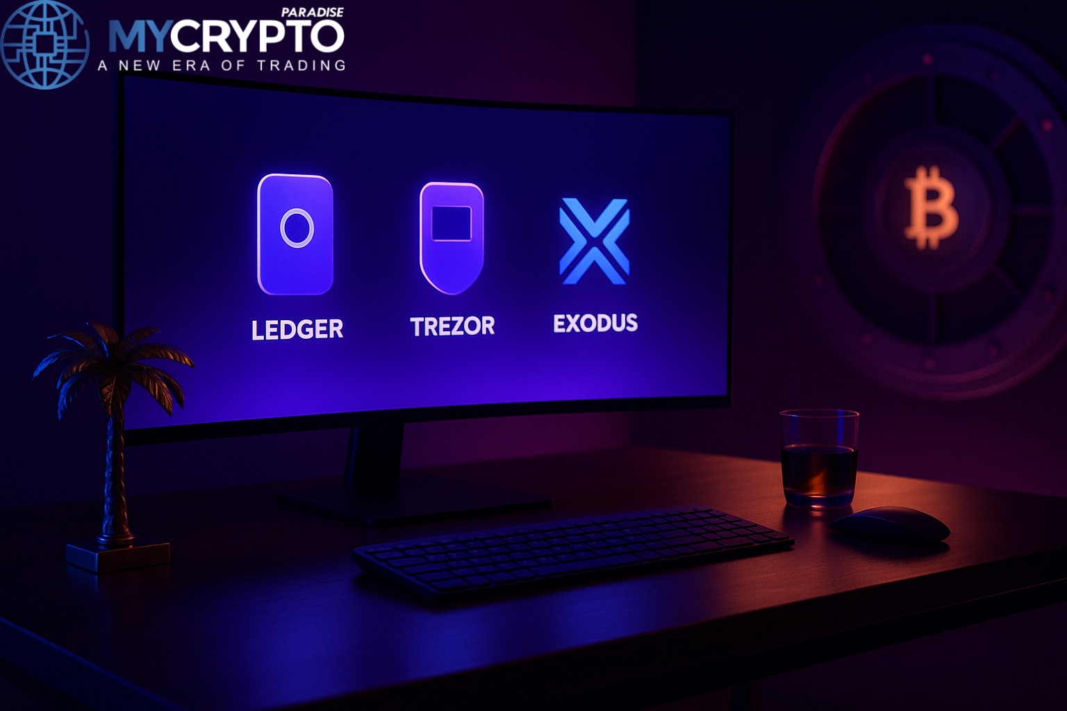 Luxury crypto trading desk with holographic hardware wallets Ledger, Trezor, and Exodus glowing above widescreen monitor