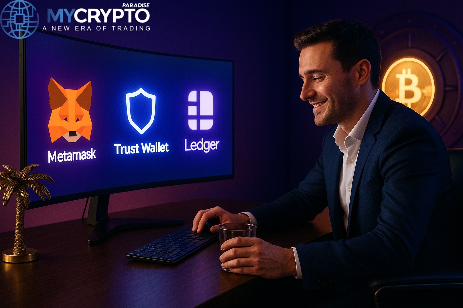 Robin from MyCryptoParadise smiling confidently at monitor with glowing crypto wallets MetaMask, Trust Wallet, and Ledger in luxury trading desk setup