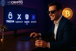 Robin from MyCryptoParadise smiling confidently at monitor with glowing crypto wallets MetaMask, Trust Wallet, and Ledger in luxury trading desk setup