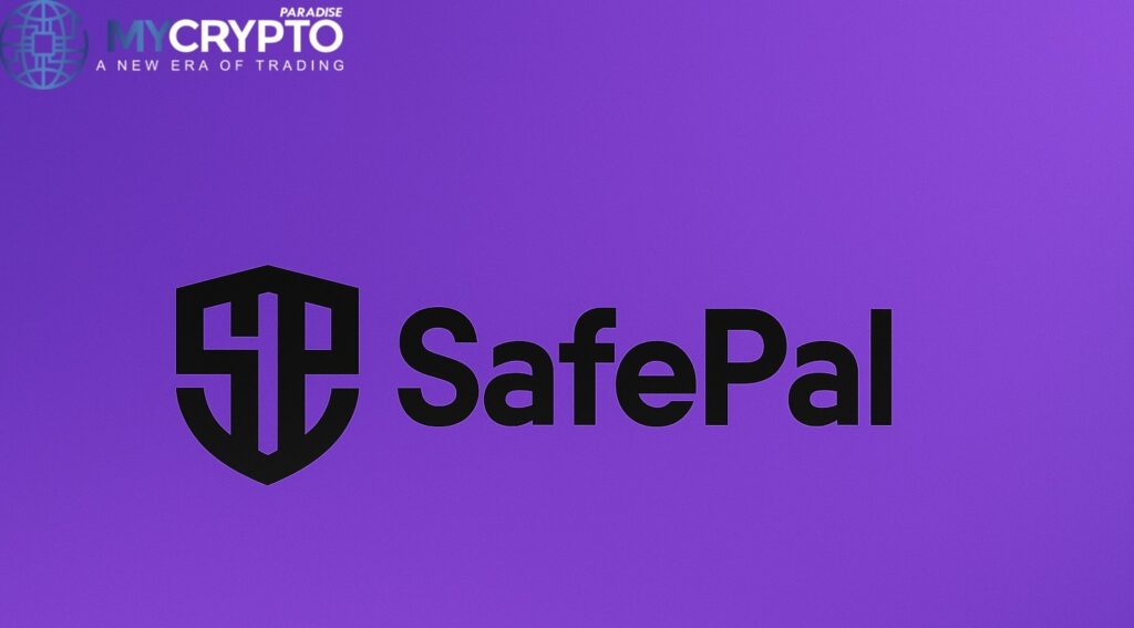 SafePal logo displayed in black against a smooth purple gradient background, with shield emblem and bold text