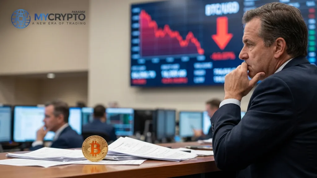 Trading floor during a Bitcoin selloff with a falling red price chart, illustrating spot Bitcoin ETF outflows