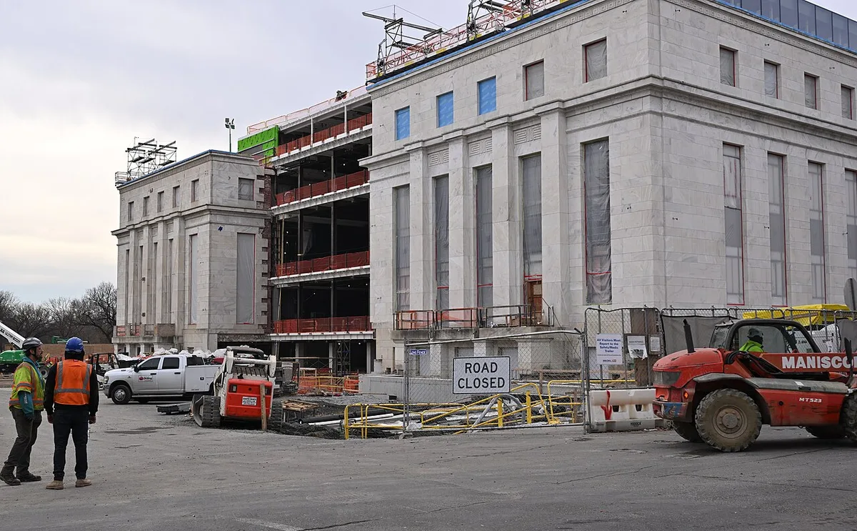 Exterior view of the Eccles Federal Reserve building under construction, seen from the northeast.