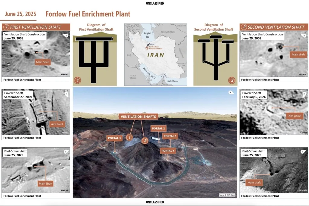 Briefing graphic showing the Fordow enrichment facility and munitions targeting details.