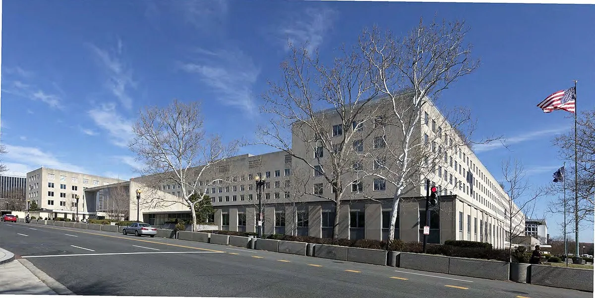 Exterior view of the United States Department of State building in Washington D.C.