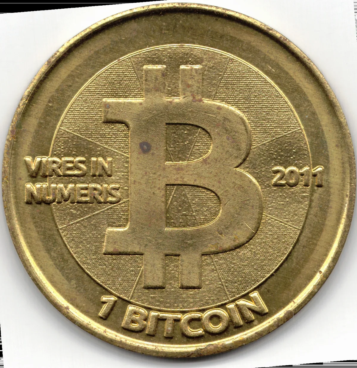Front of a 2011 Casascius physical Bitcoin coin token.