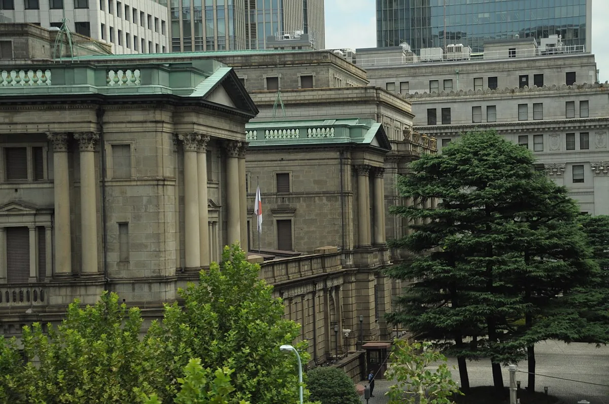 Stone facade of the Bank of Japan Head Office building in Tokyo.