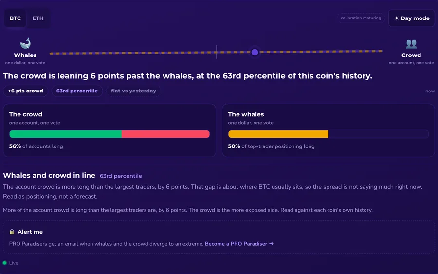 Live preview of the Long/Short Ratio: Whales vs Crowd insight
