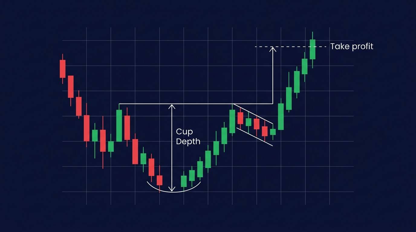 Cup and handle pattern showing the take profit level