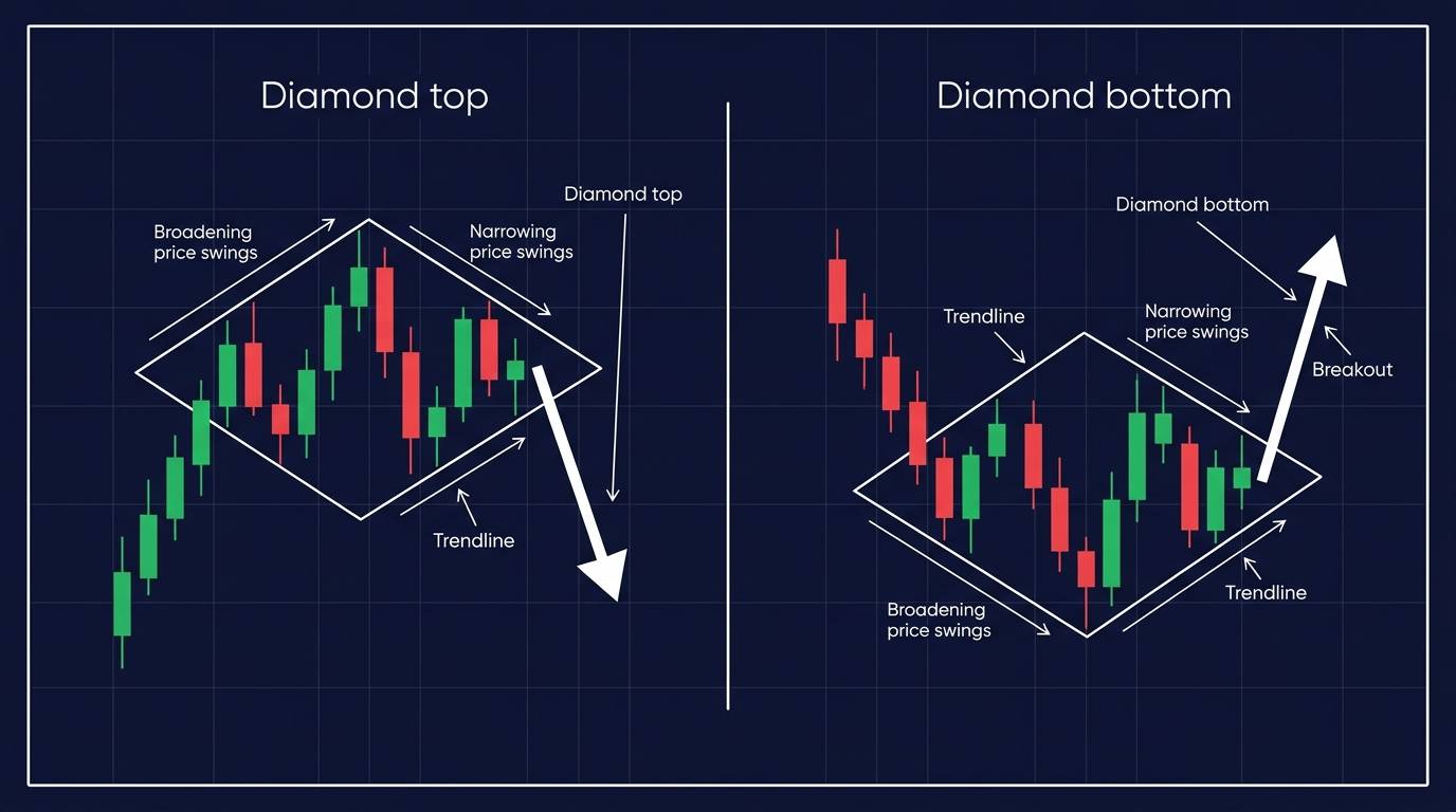 Diamond top and diamond bottom patterns compared, each showing broadening price swings then narrowing price swings inside trendlines before the breakout
