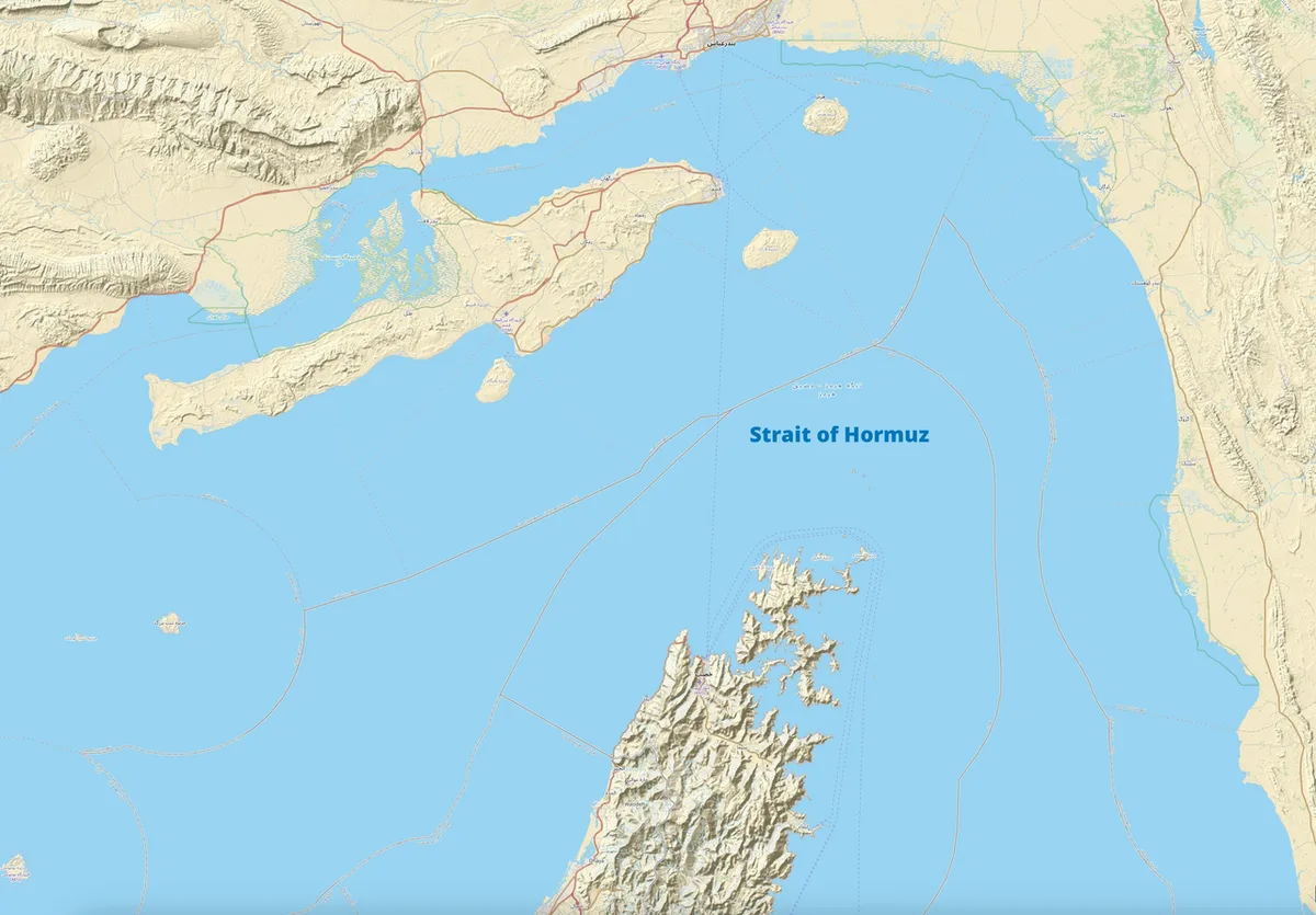 Topographic map showing the Strait of Hormuz between Iran and the Arabian Peninsula.