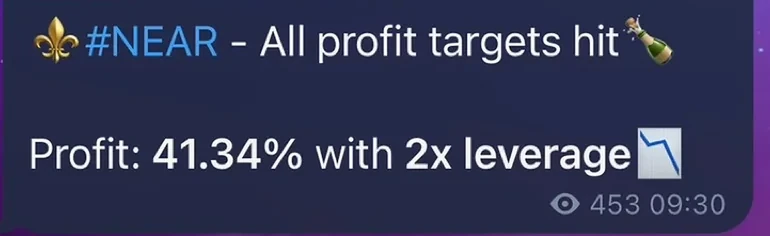 The authentic published outcome post: NEAR, all profit targets hit, profit 41.34 percent with 2x leverage