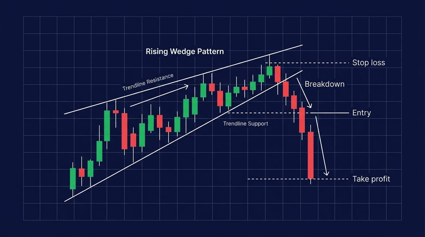 Rising wedge breakdown showing the trade parameters