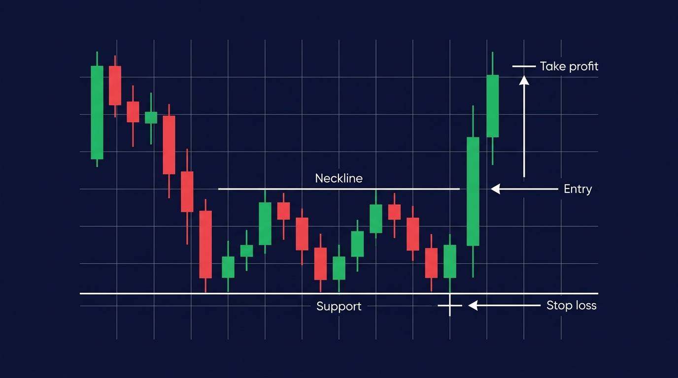 Triple bottom pattern showing the entry, the stop loss and the take profit level