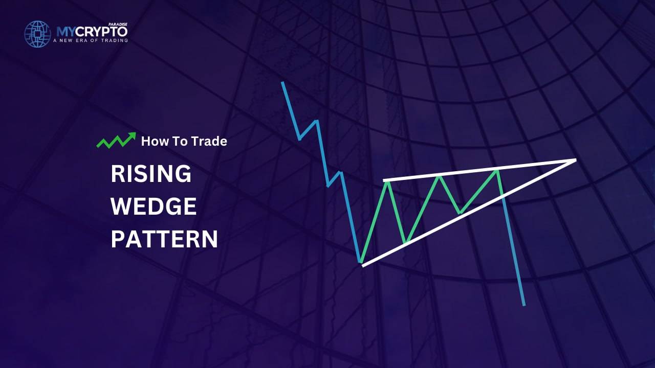 Rising wedge pattern diagram, price making higher highs and higher lows inside two converging upward trendlines before breaking down
