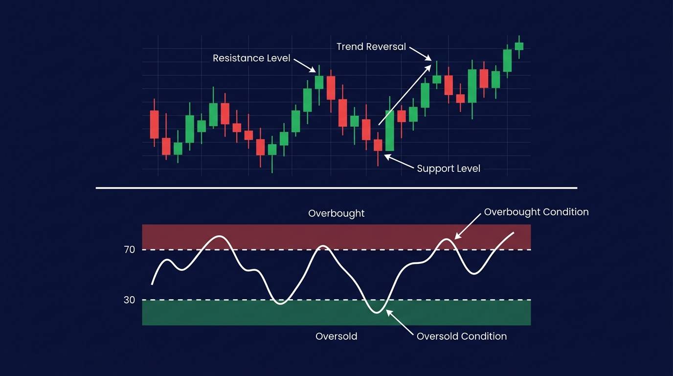 A typical RSI oscillator below a price chart