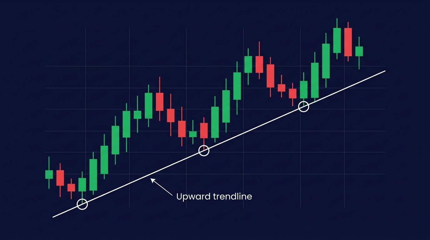 An upward trendline drawn under rising price lows