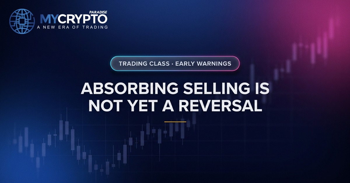 Absorbing selling is not yet a reversal · Early warnings · MyCryptoParadise. Education only, not financial advice.