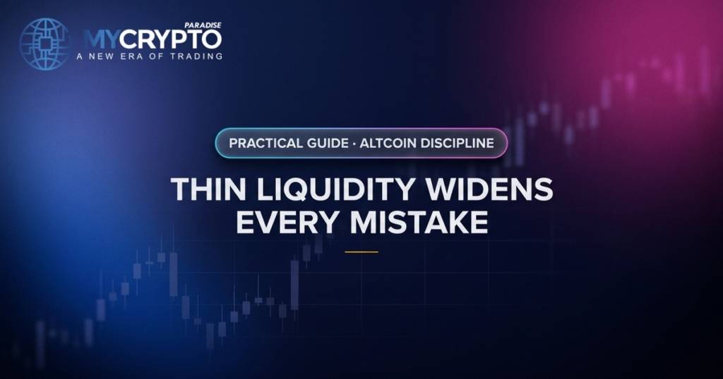 Thin liquidity widens every mistake · Altcoin discipline · MyCryptoParadise. Education only, not financial advice.