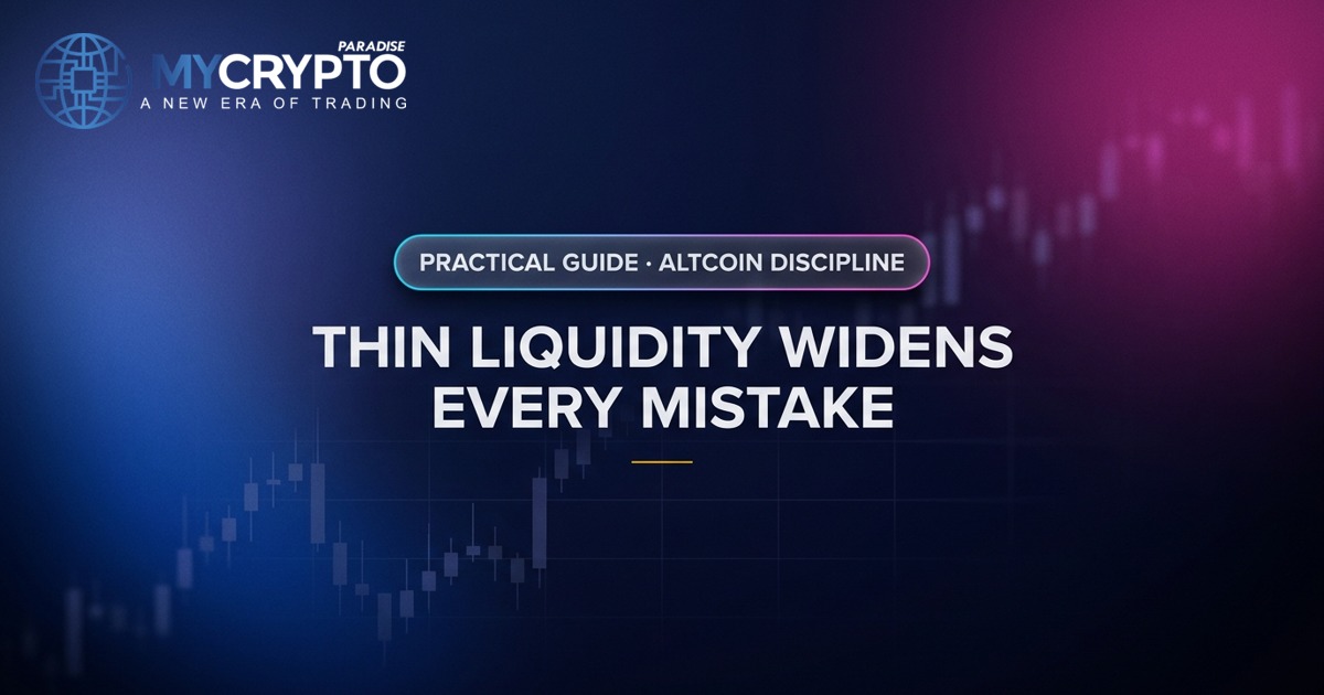 Thin liquidity widens every mistake · Altcoin discipline · MyCryptoParadise. Education only, not financial advice.