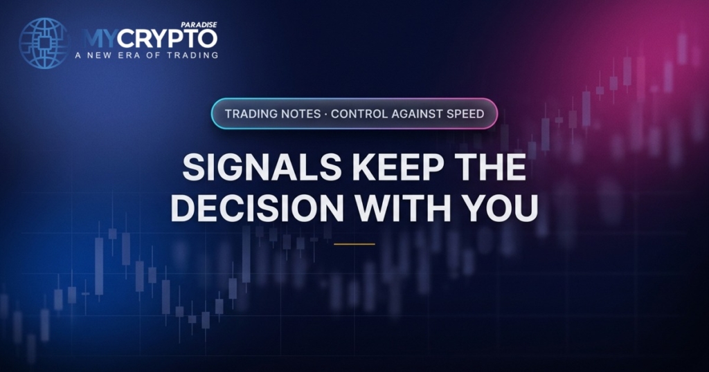 Signals keep the decision with you · Control against speed · MyCryptoParadise. Education only, not financial advice.