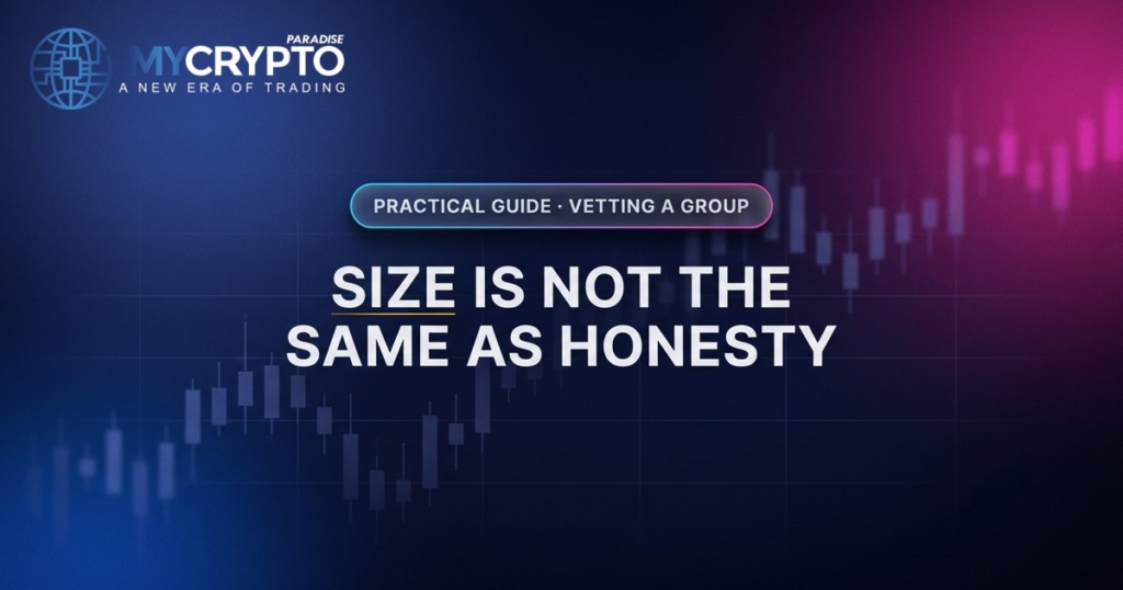 Size is not the same as honesty · Vetting a group · MyCryptoParadise. Education only, not financial advice.