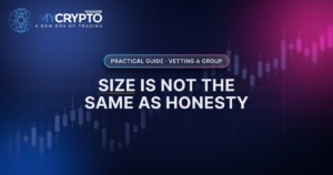 Size is not the same as honesty · Vetting a group · MyCryptoParadise. Education only, not financial advice.