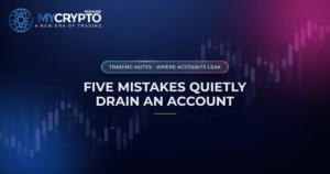 Five mistakes quietly drain an account · Where accounts leak · MyCryptoParadise. Education only, not financial advice.