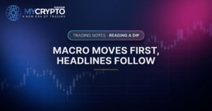 Macro moves first, headlines follow · Reading a dip · MyCryptoParadise. Education only, not financial advice.