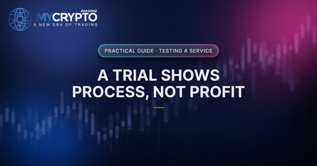 A trial shows process, not profit · Testing a service · MyCryptoParadise. Education only, not financial advice.