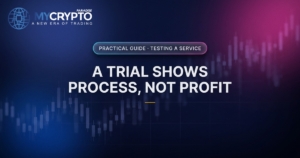 A trial shows process, not profit · Testing a service · MyCryptoParadise. Education only, not financial advice.