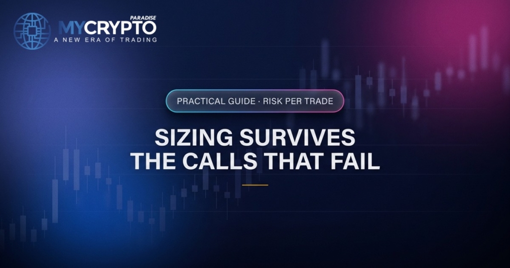 Sizing survives the calls that fail · Risk per trade · MyCryptoParadise. Education only, not financial advice.