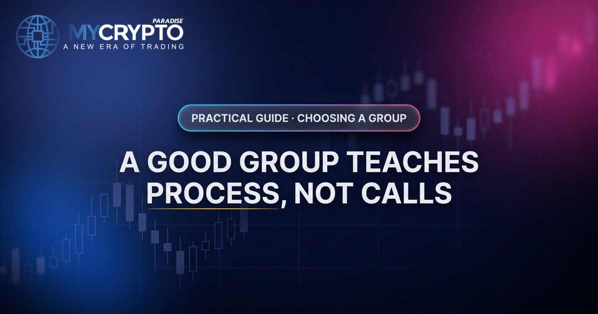 A good group teaches process, not calls · Choosing a group · MyCryptoParadise. Education only, not financial advice.