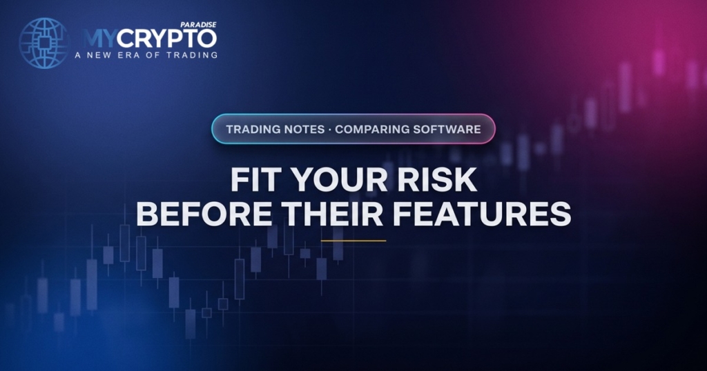 Fit your risk before their features · Comparing software · MyCryptoParadise. Education only, not financial advice.