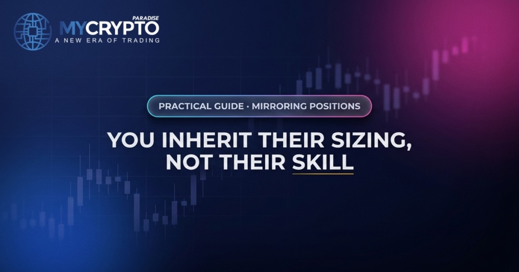 You inherit their sizing, not their skill · Mirroring positions · MyCryptoParadise. Education only, not financial advice.