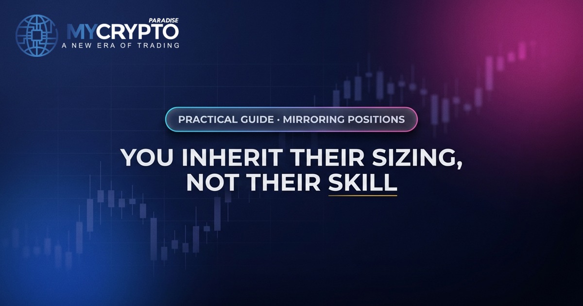 You inherit their sizing, not their skill · Mirroring positions · MyCryptoParadise. Education only, not financial advice.