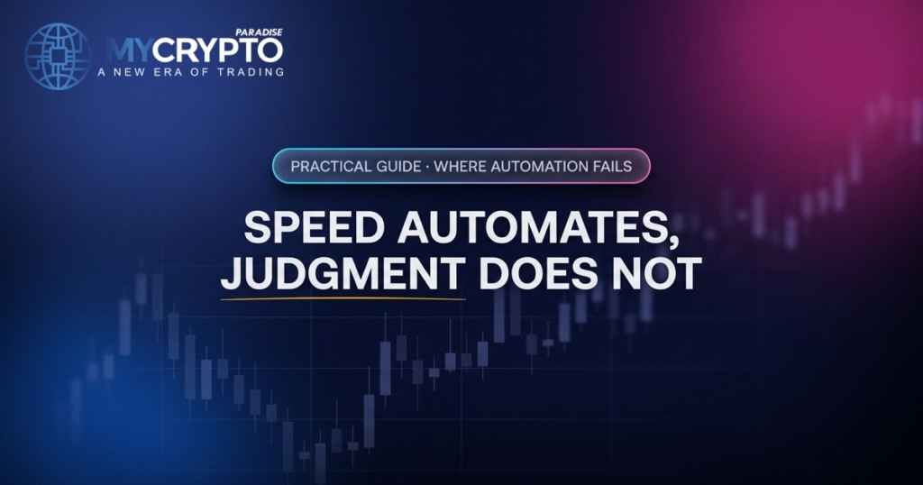 Speed automates, judgment does not · Where automation fails · MyCryptoParadise. Education only, not financial advice.
