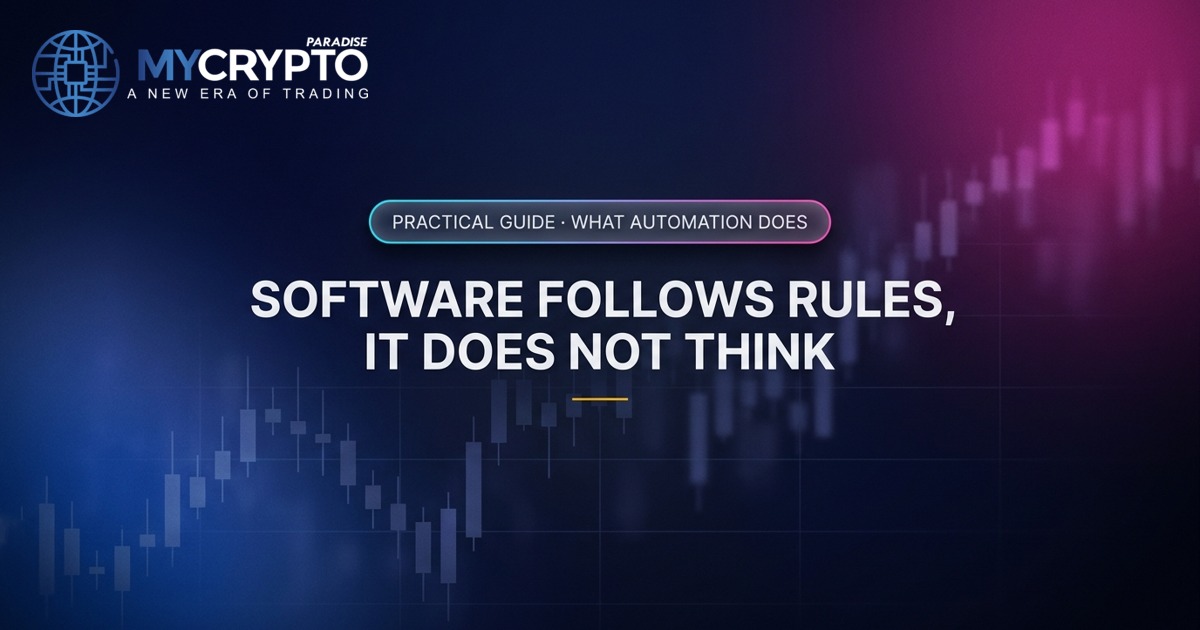 Software follows rules, it does not think · What automation does · MyCryptoParadise. Education only, not financial advice.