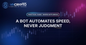 A bot automates speed, never judgment · Where bots break · MyCryptoParadise. Education only, not financial advice.