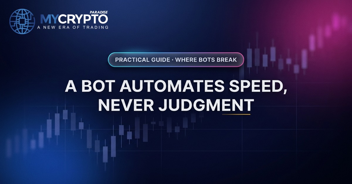 A bot automates speed, never judgment · Where bots break · MyCryptoParadise. Education only, not financial advice.
