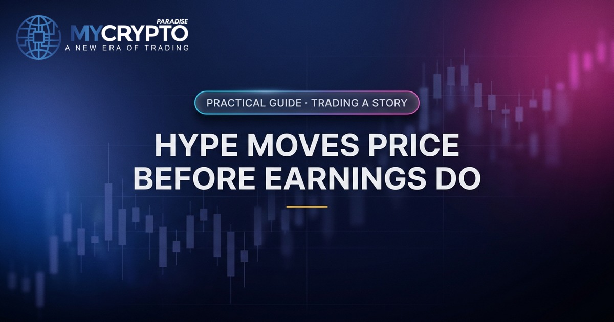 Hype moves price before earnings do · Trading a story · MyCryptoParadise. Education only, not financial advice.