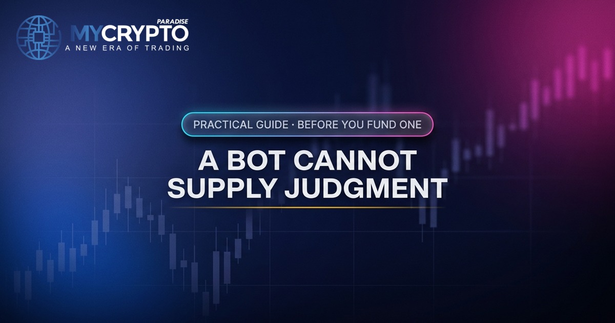 A bot cannot supply judgment · Before you fund one · MyCryptoParadise. Education only, not financial advice.
