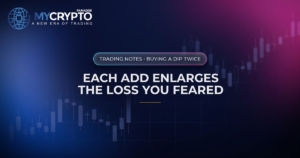 Each add enlarges the loss you feared · Buying a dip twice · MyCryptoParadise. Education only, not financial advice.