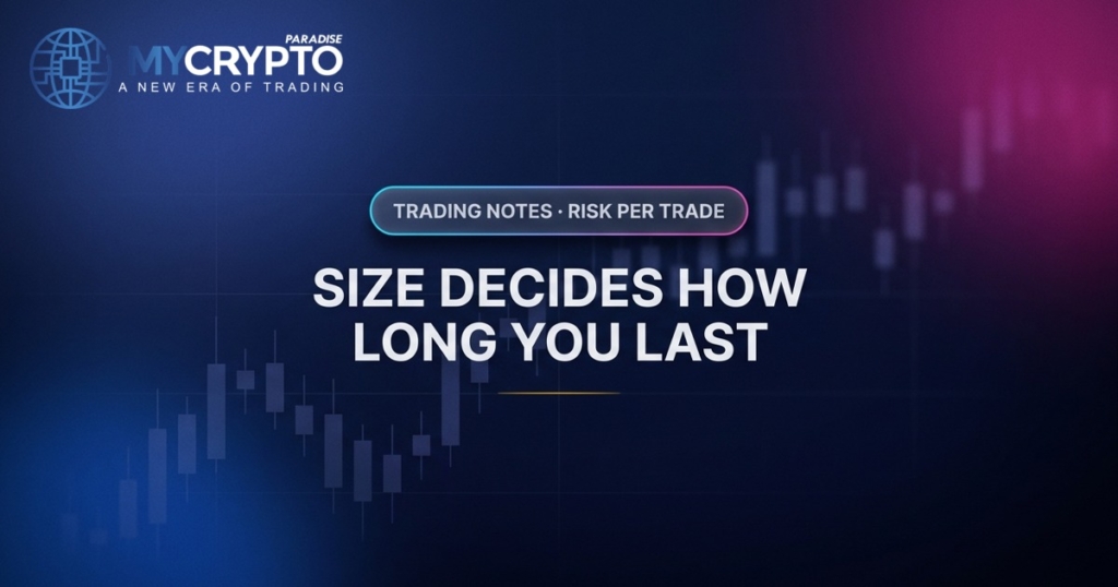 Size decides how long you last · Risk per trade · MyCryptoParadise. Education only, not financial advice.